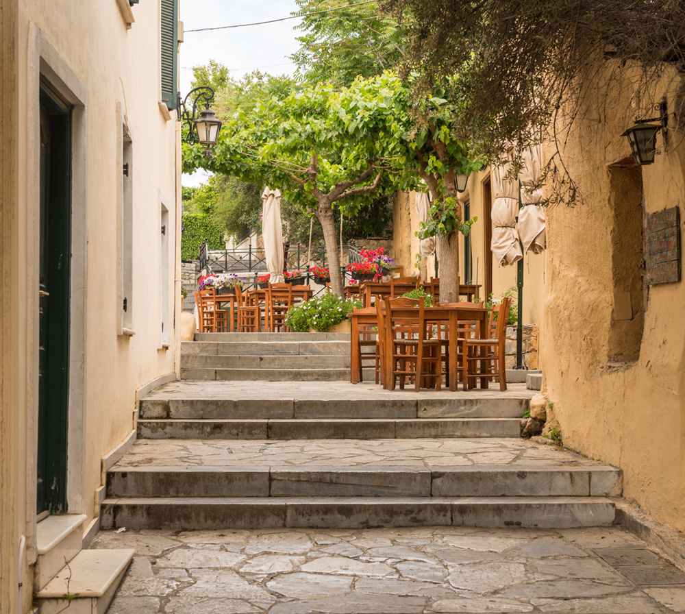 empty taverna steps ancient neighborhood plaka athens by acropolis